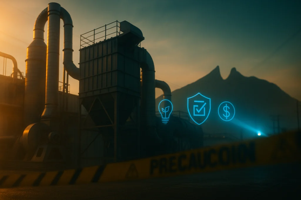 Scrubber y ductería industrial al atardecer con íconos de ahorro, cumplimiento y costo